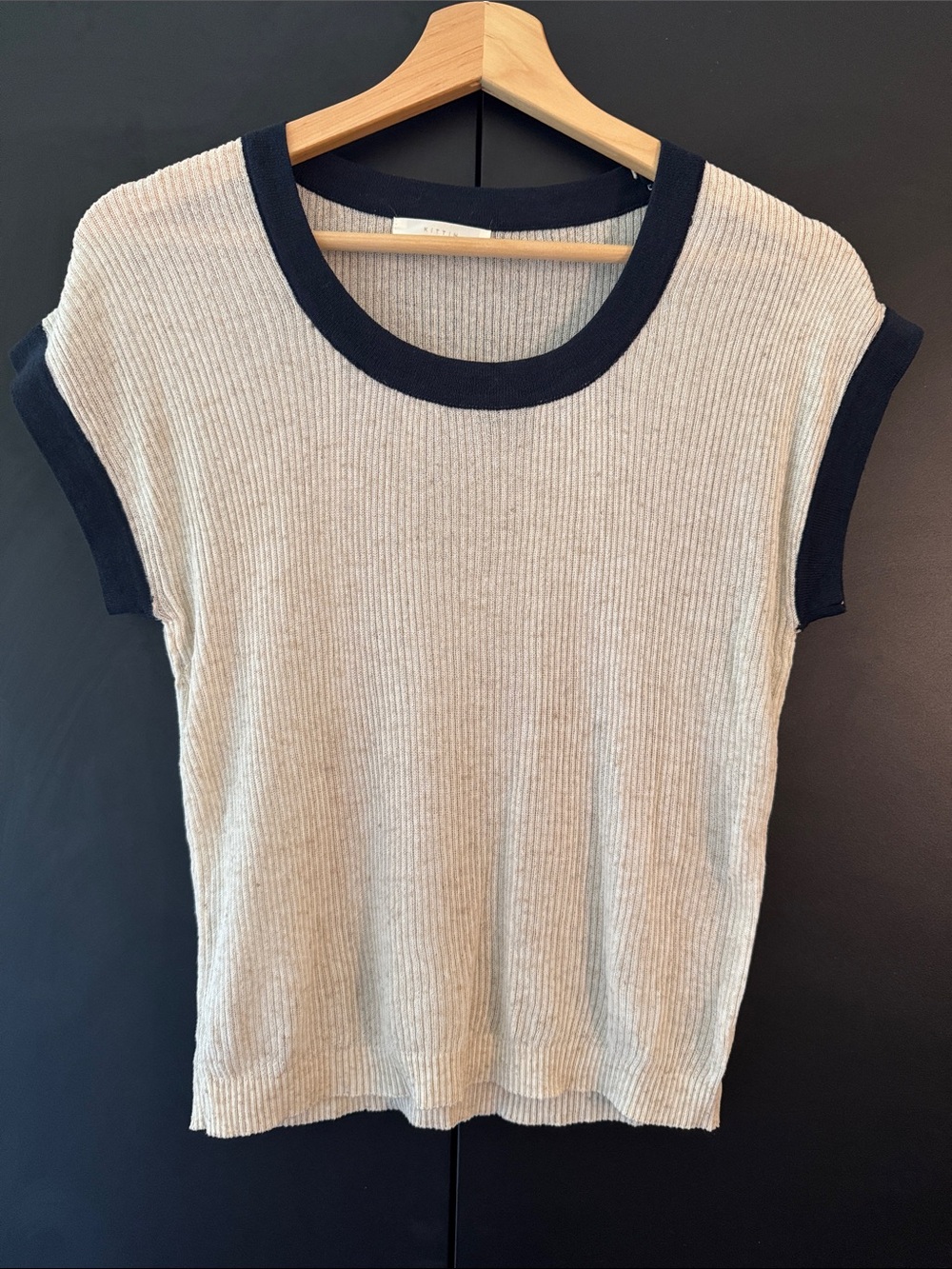 Ribbed Short Sleeve Crewneck Top in Beige with Navy Trim